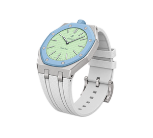 Relógio Swatch x Audemars Piguet Bioceramic Royal Pop 'Blaue Acht' Verde / Azul com Pulseira – relógio montado no case em aço inoxidável prata com pulseira FKM branca, vista 3/4