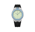 Relógio Swatch x Audemars Piguet Bioceramic Royal Pop 'Blaue Acht' Verde / Azul com Pulseira – relógio montado no case em aço inoxidável prata com pulseira FKM preta, vista frontal