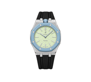 Relógio Swatch x Audemars Piguet Bioceramic Royal Pop 'Blaue Acht' Verde / Azul com Pulseira – relógio montado no case em aço inoxidável prata com pulseira FKM preta, vista frontal