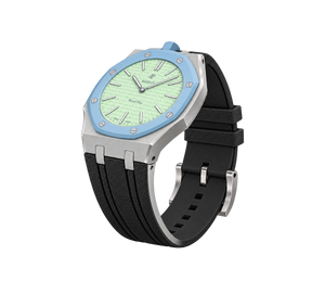 Relógio Swatch x Audemars Piguet Bioceramic Royal Pop 'Blaue Acht' Verde / Azul com Pulseira – relógio montado no case em aço inoxidável prata com pulseira FKM preta, vista 3/4