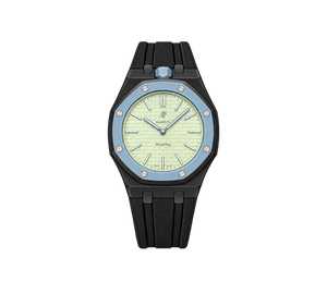 Relógio Swatch x Audemars Piguet Bioceramic Royal Pop 'Blaue Acht' Verde / Azul com Pulseira – relógio montado no case em aço inoxidável preto com pulseira FKM preta, vista frontal