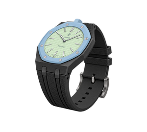 Relógio Swatch x Audemars Piguet Bioceramic Royal Pop 'Blaue Acht' Verde / Azul com Pulseira – relógio montado no case em aço inoxidável preto com pulseira FKM preta, vista 3/4