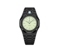 Relógio Swatch x Audemars Piguet Bioceramic Royal Pop 'Blaue Acht' Verde / Azul com Pulseira – relógio montado no case full frame com pulseira em aço inoxidável preto, vista frontal