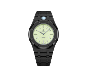 Relógio Swatch x Audemars Piguet Bioceramic Royal Pop 'Blaue Acht' Verde / Azul com Pulseira – relógio montado no case full frame com pulseira em aço inoxidável preto, vista frontal