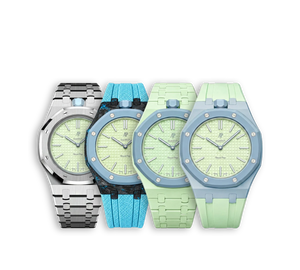 Relógio Swatch x Audemars Piguet Bioceramic Royal Pop 'Blaue Acht' Verde / Azul com Pulseira – relógio em quatro versões de pulseira (aço, carbono, bioceramic e borracha), vista frontal
