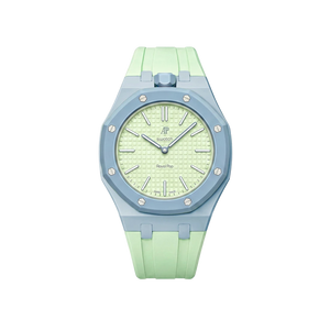 Relógio Swatch x Audemars Piguet Bioceramic Royal Pop 'Blaue Acht' Verde / Azul com Pulseira – relógio montado no case com pulseira em borracha, vista frontal