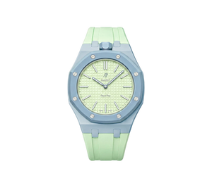 Relógio Swatch x Audemars Piguet Bioceramic Royal Pop 'Blaue Acht' Verde / Azul com Pulseira – relógio montado no case com pulseira em borracha, vista frontal