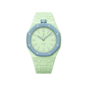 Relógio Swatch x Audemars Piguet Bioceramic Royal Pop 'Blaue Acht' Verde / Azul com Pulseira – relógio montado no case com pulseira em bioceramic, vista frontal