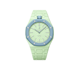 Relógio Swatch x Audemars Piguet Bioceramic Royal Pop 'Blaue Acht' Verde / Azul com Pulseira – relógio montado no case com pulseira em bioceramic, vista frontal