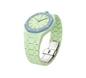 Relógio Swatch x Audemars Piguet Bioceramic Royal Pop 'Blaue Acht' Verde / Azul com Pulseira – relógio montado no case com pulseira em bioceramic, vista 3/4