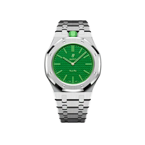 Relógio Swatch x Audemars Piguet Bioceramic Royal Pop 'Green Eight' Verde com Pulseira – relógio montado no case full frame com bracelete em aço inoxidável, vista frontal