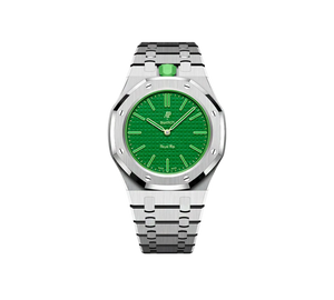 Relógio Swatch x Audemars Piguet Bioceramic Royal Pop 'Green Eight' Verde com Pulseira – relógio montado no case full frame com bracelete em aço inoxidável, vista frontal