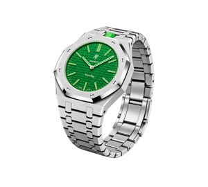 Relógio Swatch x Audemars Piguet Bioceramic Royal Pop 'Green Eight' Verde com Pulseira – relógio montado no case full frame com bracelete em aço inoxidável, vista 3/4