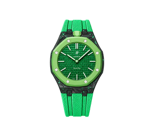 Relógio Swatch x Audemars Piguet Bioceramic Royal Pop 'Green Eight' Verde com Pulseira – relógio montado no case de fibra de carbono com pulseira FKM colorida, vista frontal