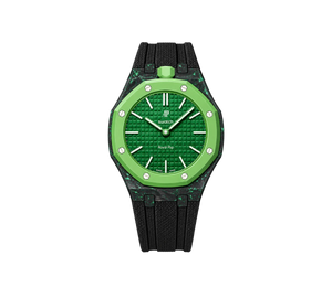 Relógio Swatch x Audemars Piguet Bioceramic Royal Pop 'Green Eight' Verde com Pulseira – relógio montado no case de fibra de carbono com pulseira FKM preta, vista frontal