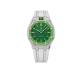 Relógio Swatch x Audemars Piguet Bioceramic Royal Pop 'Green Eight' Verde com Pulseira – relógio montado no case em aço inoxidável prata com pulseira FKM branca, vista frontal