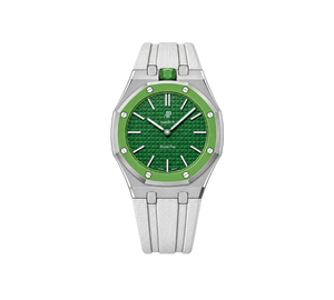 Relógio Swatch x Audemars Piguet Bioceramic Royal Pop 'Green Eight' Verde com Pulseira – relógio montado no case em aço inoxidável prata com pulseira FKM branca, vista frontal