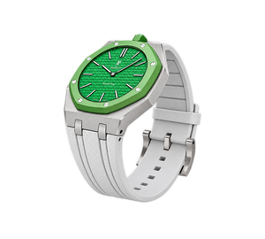 Relógio Swatch x Audemars Piguet Bioceramic Royal Pop 'Green Eight' Verde com Pulseira – relógio montado no case em aço inoxidável prata com pulseira FKM branca, vista 3/4