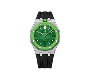 Relógio Swatch x Audemars Piguet Bioceramic Royal Pop 'Green Eight' Verde com Pulseira – relógio montado no case em aço inoxidável prata com pulseira FKM preta, vista frontal