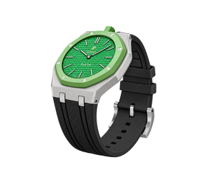 Relógio Swatch x Audemars Piguet Bioceramic Royal Pop 'Green Eight' Verde com Pulseira – relógio montado no case em aço inoxidável prata com pulseira FKM preta, vista 3/4