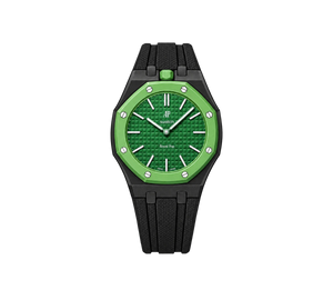 Relógio Swatch x Audemars Piguet Bioceramic Royal Pop 'Green Eight' Verde com Pulseira – relógio montado no case em aço inoxidável preto com pulseira FKM preta, vista frontal