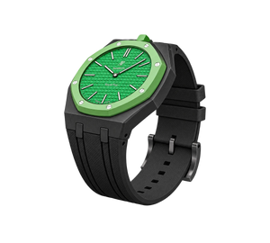 Relógio Swatch x Audemars Piguet Bioceramic Royal Pop 'Green Eight' Verde com Pulseira – relógio montado no case em aço inoxidável preto com pulseira FKM preta, vista 3/4
