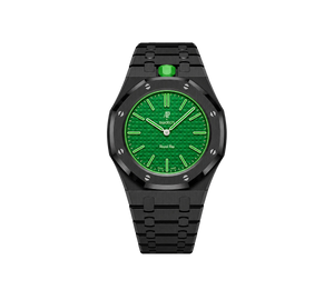 Relógio Swatch x Audemars Piguet Bioceramic Royal Pop 'Green Eight' Verde com Pulseira – relógio montado no case full frame com pulseira em aço inoxidável preto, vista frontal