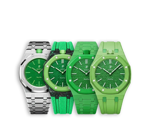 Relógio Swatch x Audemars Piguet Bioceramic Royal Pop 'Green Eight' Verde com Pulseira – relógio em quatro versões de pulseira (aço, carbono, bioceramic e borracha), vista frontal