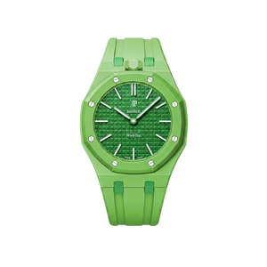 Relógio Swatch x Audemars Piguet Bioceramic Royal Pop 'Green Eight' Verde com Pulseira – relógio montado no case com pulseira em borracha, vista frontal