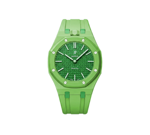 Relógio Swatch x Audemars Piguet Bioceramic Royal Pop 'Green Eight' Verde com Pulseira – relógio montado no case com pulseira em borracha, vista frontal