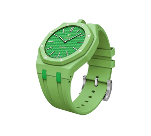 Relógio Swatch x Audemars Piguet Bioceramic Royal Pop 'Green Eight' Verde com Pulseira – relógio montado no case com pulseira em borracha, vista 3/4