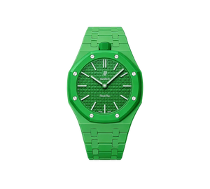 Relógio Swatch x Audemars Piguet Bioceramic Royal Pop 'Green Eight' Verde com Pulseira – relógio montado no case com pulseira em bioceramic, vista frontal