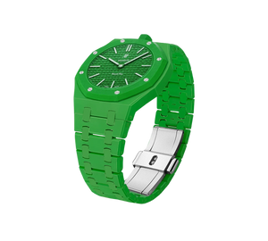 Relógio Swatch x Audemars Piguet Bioceramic Royal Pop 'Green Eight' Verde com Pulseira – relógio montado no case com pulseira em bioceramic, vista 3/4