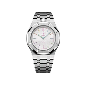 Relógio Swatch x Audemars Piguet Bioceramic Royal Pop 'Huit Blanc' Branco com Pulseira – relógio montado no case full frame com bracelete em aço inoxidável, vista frontal