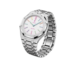 Relógio Swatch x Audemars Piguet Bioceramic Royal Pop 'Huit Blanc' Branco com Pulseira – relógio montado no case full frame com bracelete em aço inoxidável, vista 3/4