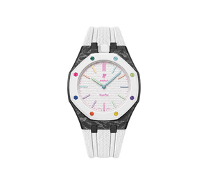 Relógio Swatch x Audemars Piguet Bioceramic Royal Pop 'Huit Blanc' Branco com Pulseira – relógio montado no case de fibra de carbono com pulseira FKM colorida, vista frontal