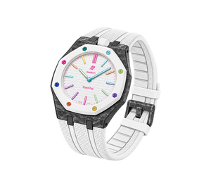 Relógio Swatch x Audemars Piguet Bioceramic Royal Pop 'Huit Blanc' Branco com Pulseira – relógio montado no case de fibra de carbono com pulseira FKM colorida, vista 3/4