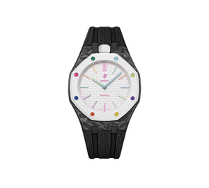 Relógio Swatch x Audemars Piguet Bioceramic Royal Pop 'Huit Blanc' Branco com Pulseira – relógio montado no case de fibra de carbono com pulseira FKM preta, vista frontal