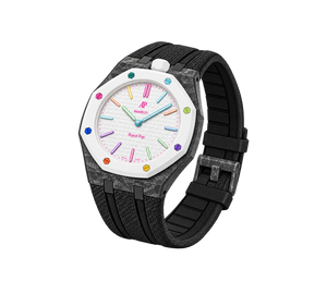 Relógio Swatch x Audemars Piguet Bioceramic Royal Pop 'Huit Blanc' Branco com Pulseira – relógio montado no case de fibra de carbono com pulseira FKM preta, vista 3/4