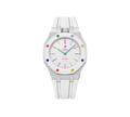 Relógio Swatch x Audemars Piguet Bioceramic Royal Pop 'Huit Blanc' Branco com Pulseira – relógio montado no case em aço inoxidável prata com pulseira FKM branca, vista frontal