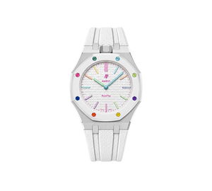 Relógio Swatch x Audemars Piguet Bioceramic Royal Pop 'Huit Blanc' Branco com Pulseira – relógio montado no case em aço inoxidável prata com pulseira FKM branca, vista frontal