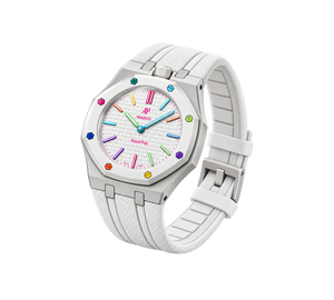 Relógio Swatch x Audemars Piguet Bioceramic Royal Pop 'Huit Blanc' Branco com Pulseira – relógio montado no case em aço inoxidável prata com pulseira FKM branca, vista 3/4