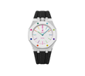Relógio Swatch x Audemars Piguet Bioceramic Royal Pop 'Huit Blanc' Branco com Pulseira – relógio montado no case em aço inoxidável prata com pulseira FKM preta, vista frontal