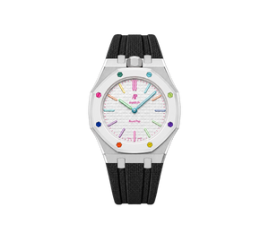 Relógio Swatch x Audemars Piguet Bioceramic Royal Pop 'Huit Blanc' Branco com Pulseira – relógio montado no case em aço inoxidável prata com pulseira FKM preta, vista frontal