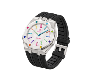 Relógio Swatch x Audemars Piguet Bioceramic Royal Pop 'Huit Blanc' Branco com Pulseira – relógio montado no case em aço inoxidável prata com pulseira FKM preta, vista 3/4