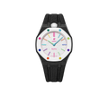 Relógio Swatch x Audemars Piguet Bioceramic Royal Pop 'Huit Blanc' Branco com Pulseira – relógio montado no case em aço inoxidável preto com pulseira FKM preta, vista frontal