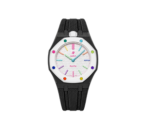 Relógio Swatch x Audemars Piguet Bioceramic Royal Pop 'Huit Blanc' Branco com Pulseira – relógio montado no case em aço inoxidável preto com pulseira FKM preta, vista frontal