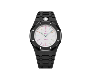 Relógio Swatch x Audemars Piguet Bioceramic Royal Pop 'Huit Blanc' Branco com Pulseira – relógio montado no case full frame com pulseira em aço inoxidável preto, vista frontal