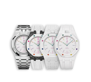 Relógio Swatch x Audemars Piguet Bioceramic Royal Pop 'Huit Blanc' Branco com Pulseira – relógio em quatro versões de pulseira (aço, carbono, bioceramic e borracha), vista frontal