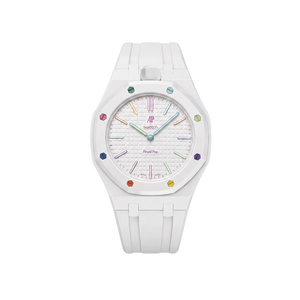 Relógio Swatch x Audemars Piguet Bioceramic Royal Pop 'Huit Blanc' Branco com Pulseira – relógio montado no case com pulseira em borracha, vista frontal